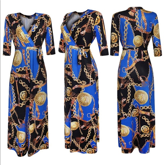 V Neck 3/4 Sleeves Faux Wrap Maxi Dress with Belt - Picture 3 of 7
